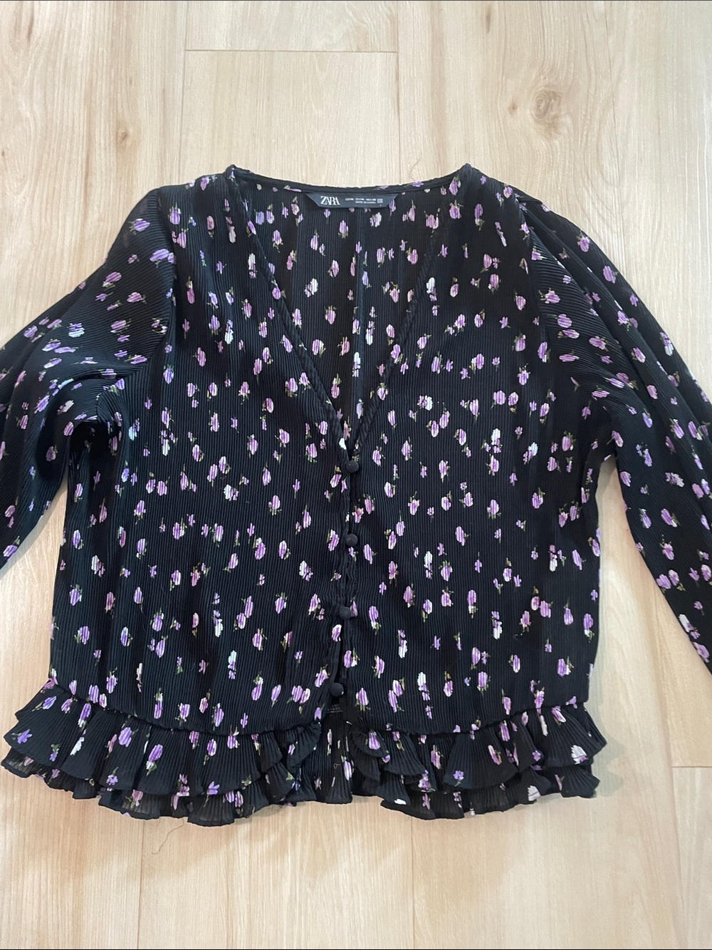 Zara Black Blouse with Purple Floral Print and Ruffle Hem